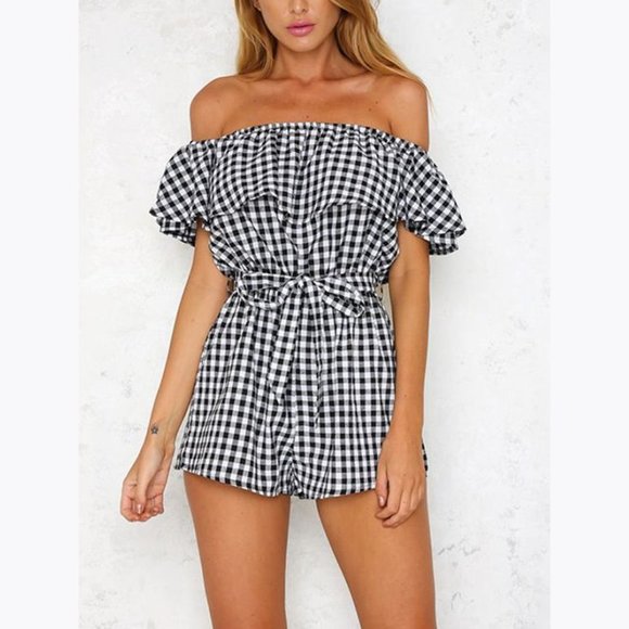 New SIMPLEE Black Gingham Off-Shoulder Romper NWT - Picture 7 of 8